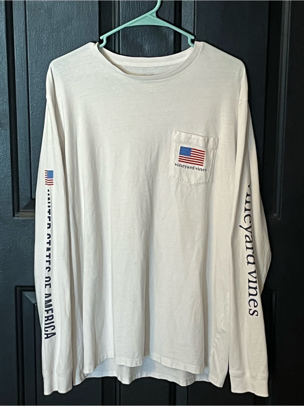 Vineyard Vines Cream Long-Sleeve Pocket Tee with American Flag